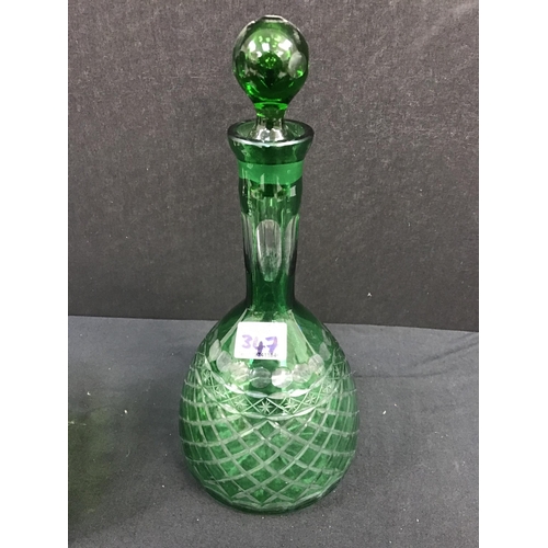 347 - 2 PIECES OF GREEN OVERLAY GLASS TO INCLUDE VASE, DECANTER AND A VICTORIAN MARY GREGORY SWEET JAR COM... 