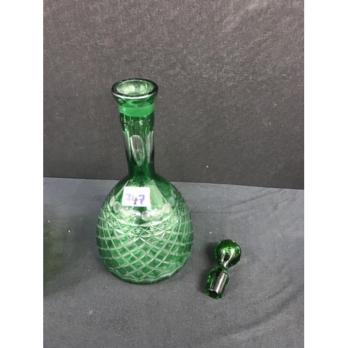 347 - 2 PIECES OF GREEN OVERLAY GLASS TO INCLUDE VASE, DECANTER AND A VICTORIAN MARY GREGORY SWEET JAR COM... 