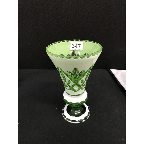 347 - 2 PIECES OF GREEN OVERLAY GLASS TO INCLUDE VASE, DECANTER AND A VICTORIAN MARY GREGORY SWEET JAR COM... 