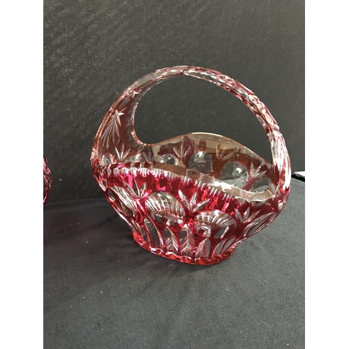 349 - 2 RED OVERLAY GLASS FRUIT BASKETS H11