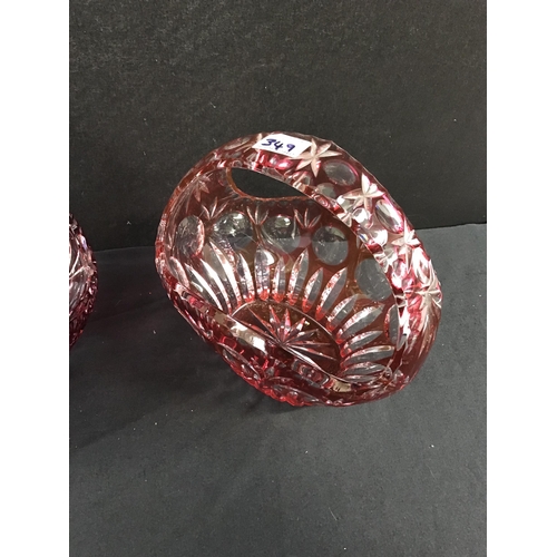 349 - 2 RED OVERLAY GLASS FRUIT BASKETS H11