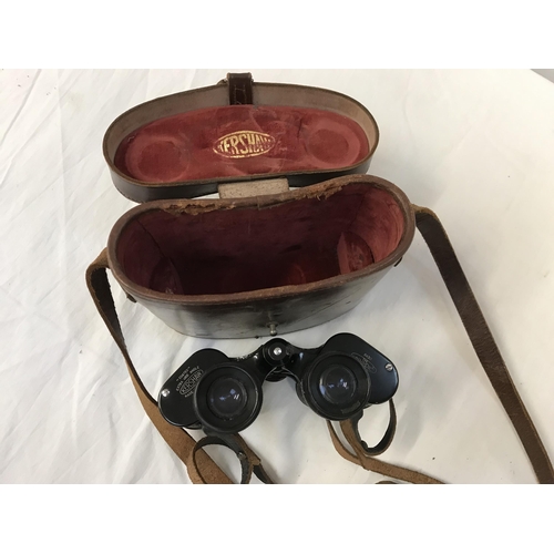 369 - VINTAGE LEATHER CASED TELESCOPE, VINTAGE CAMERA IN CASE AND A PAIR OF BINOCULARS IN CASE