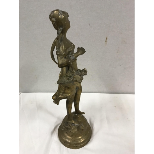 376 - HEAVY BRASS FIGURE LADY COLLECTING FRUIT H18