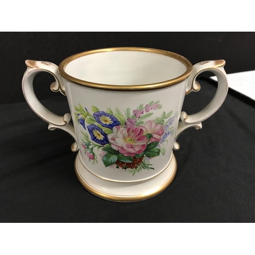 382 - VICTORIAN TWIN HANDLED TANKARD DECORATED WITH FLOWERS AND A LARGE VICTORIAN TANKARD DECORATED WITH B... 