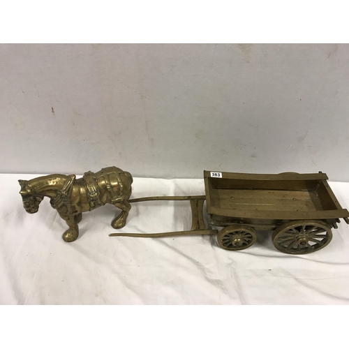 383 - EXTREMELY HEAVY BRASS HORSE AND CART OF LARGE PROPORTIONS