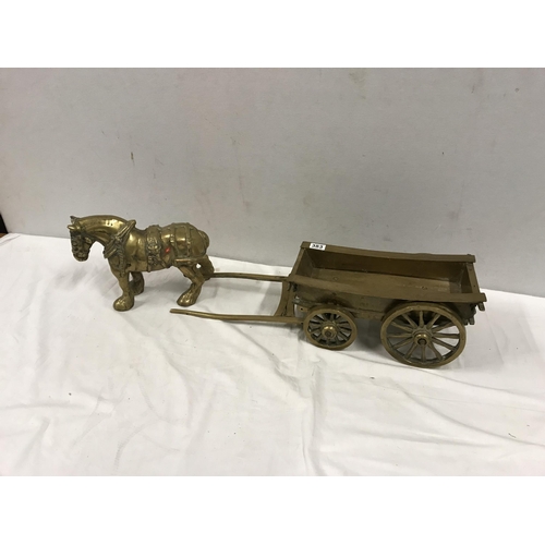 383 - EXTREMELY HEAVY BRASS HORSE AND CART OF LARGE PROPORTIONS