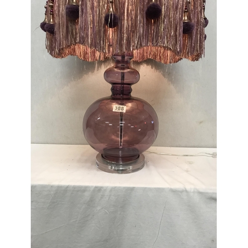 388 - MODERN PURPLE COLOURED GLASS TABLE LAMP COMPLETE WITH MATCHING SHADE DECORATED WITH BIRDS AND FOILAG... 