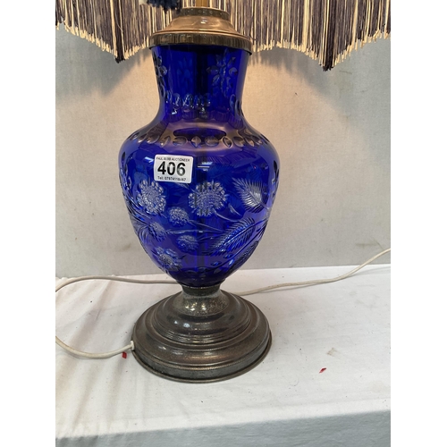 406 - BLUE GLASS OVERLAY TABLE LAMP COMPLETE WITH MATCHING SHADE H30