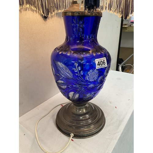 406 - BLUE GLASS OVERLAY TABLE LAMP COMPLETE WITH MATCHING SHADE H30