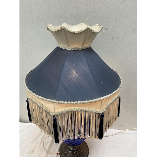 406 - BLUE GLASS OVERLAY TABLE LAMP COMPLETE WITH MATCHING SHADE H30