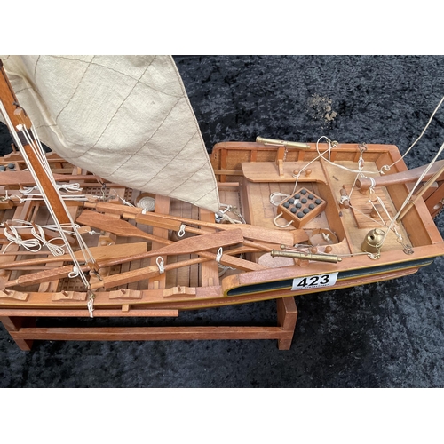 423 - MODEL SAILING BOAT ON STAND COMPLETE WITH SAILS - H21