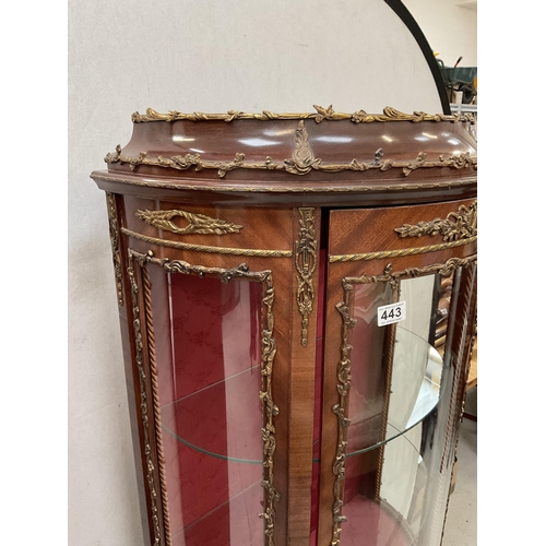 443 - REPRODUCTION MAHOGANY DISPLAY CABINET DECORATED WITH GILT MOUNTS WITH 3 PAINTED VICTORIAN STYLE PANE... 