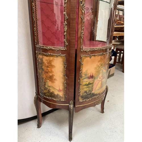 443 - REPRODUCTION MAHOGANY DISPLAY CABINET DECORATED WITH GILT MOUNTS WITH 3 PAINTED VICTORIAN STYLE PANE... 