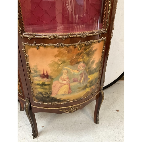 443 - REPRODUCTION MAHOGANY DISPLAY CABINET DECORATED WITH GILT MOUNTS WITH 3 PAINTED VICTORIAN STYLE PANE... 