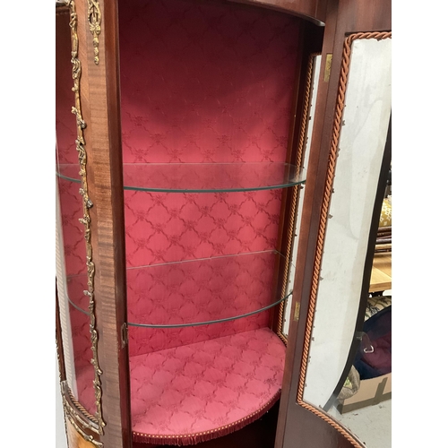 443 - REPRODUCTION MAHOGANY DISPLAY CABINET DECORATED WITH GILT MOUNTS WITH 3 PAINTED VICTORIAN STYLE PANE... 