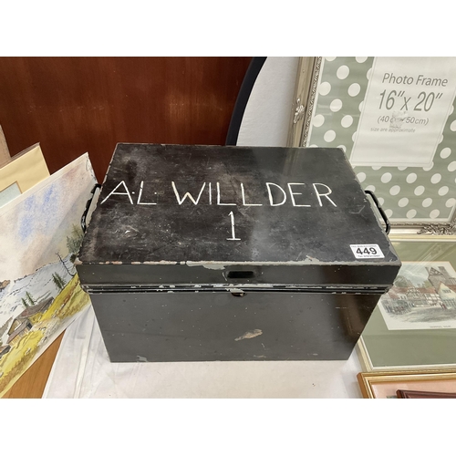 449 - METAL DEED BOX AND A BOX OF PICTURES AND PRINTS