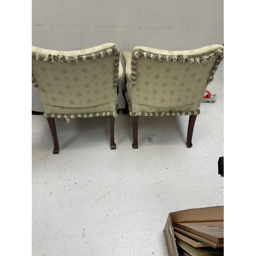 450A - PAIR OF GREEN UPHOLSTERED ARMCHAIRS WITH MAHOGANY CABRIOLE LEGS