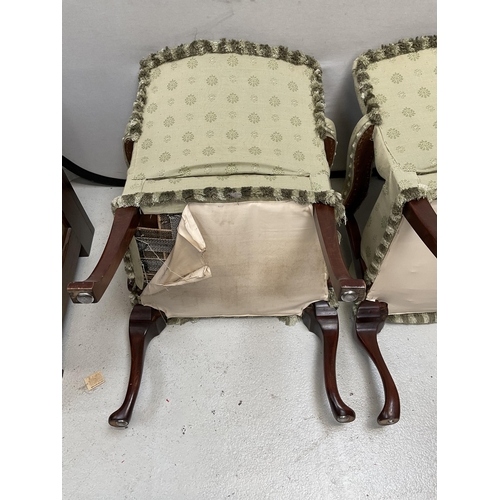 450A - PAIR OF GREEN UPHOLSTERED ARMCHAIRS WITH MAHOGANY CABRIOLE LEGS