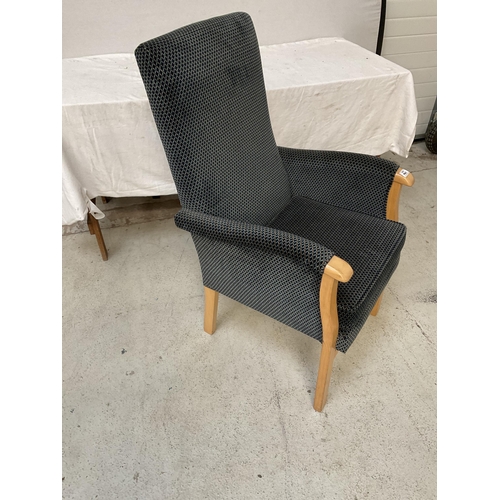 461 - BLUE UPHOLSTERED FIRESIDE CHAIR WITH BEECH FRAME