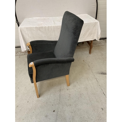 461 - BLUE UPHOLSTERED FIRESIDE CHAIR WITH BEECH FRAME