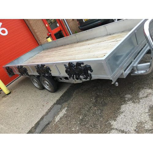 497 - LARGE TWIN AXLE FLAT BED TRAILER WITH RIGID SIDES DECORATED TO THE SIDES WITH GALLOPING HORSES AND T... 