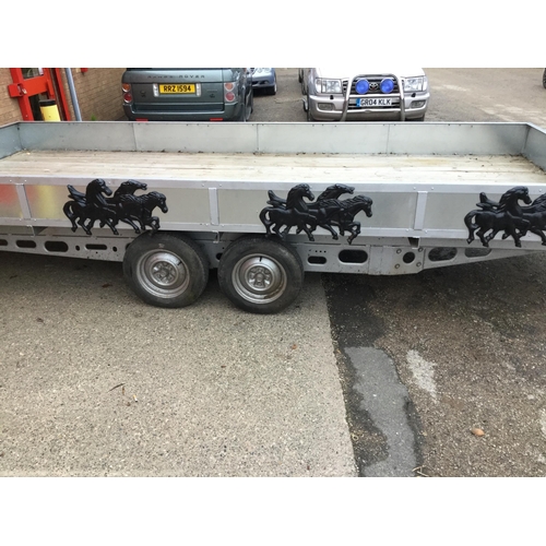 497 - LARGE TWIN AXLE FLAT BED TRAILER WITH RIGID SIDES DECORATED TO THE SIDES WITH GALLOPING HORSES AND T... 