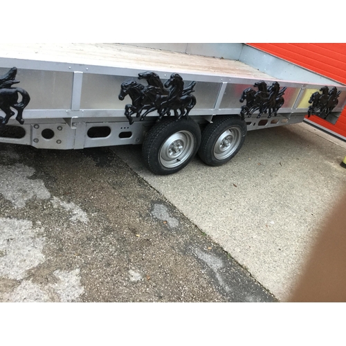 497 - LARGE TWIN AXLE FLAT BED TRAILER WITH RIGID SIDES DECORATED TO THE SIDES WITH GALLOPING HORSES AND T... 