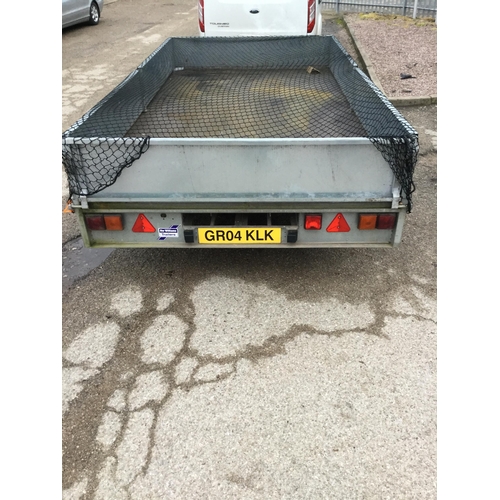 498 - IFOR WILLIAMS TWIN AXLE FLAT BED TRAILER WITH DROP SIDES AND NET 16FT X 6FT 6