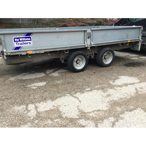 498 - IFOR WILLIAMS TWIN AXLE FLAT BED TRAILER WITH DROP SIDES AND NET 16FT X 6FT 6