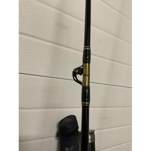 494 - SEA FISHING ROD AND REEL, METAL ROD TUBE, CARBON FIBER 9FT 6 ROD IN TRAVEL CASE, FIBER GLASS 10 FT F... 