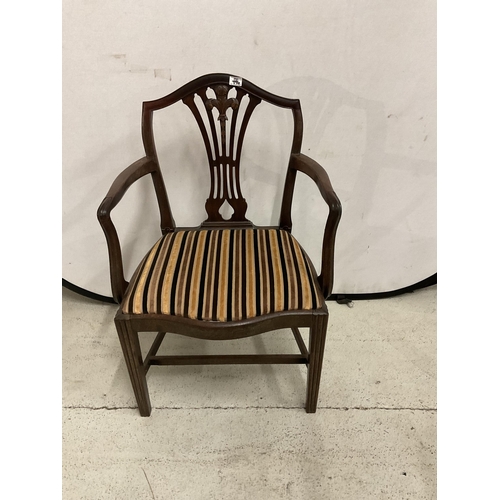 496 - GEORGIAN MAHOGANY ELBOW CHAIR WITH UPHOLSTERED SEAT - LOOSE ARM A/F