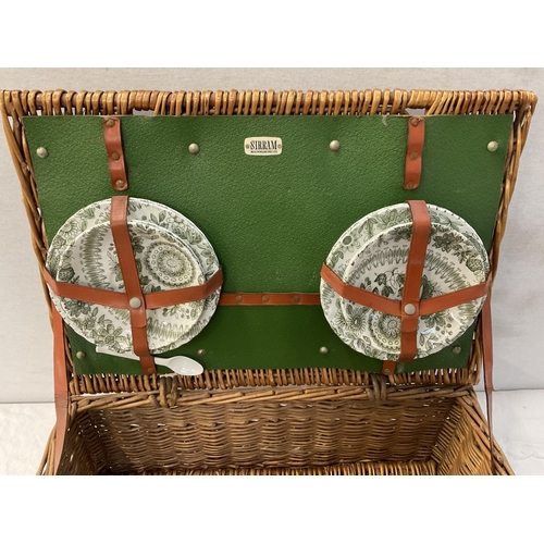 1 - VINTAGE SIRRAM WICKER PICNIC BASKET AND CONTENTS