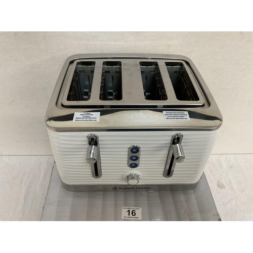 16 - BOXED RUSSELL HOBBS INSPIRE WHITE 4 SLICE TOASTER (USED)