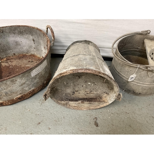 19 - GALVANISED BATH, GALVANISED FEED BUCKET AND A GALVANISED MOP BUCKET