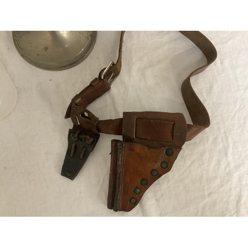 25 - VINTAGE LEATHER GUN HOLSTER, FRAMED OILS SIGNED E BURROWS AND A LAMP BASE