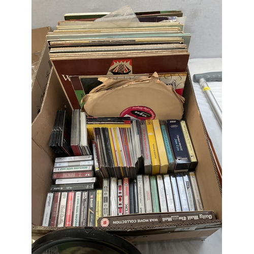 34 - 2 BOXES OF ODDS TO INCLUDE VINTAGE RECORDS, CUT GLASS, PICTURES AND WALKING STICKS ETC