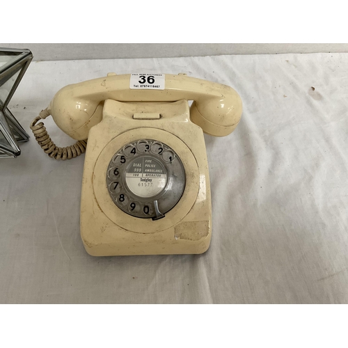 36 - VINTAGE TELEPHONE AND A GLASS STAR LAMPSHADE