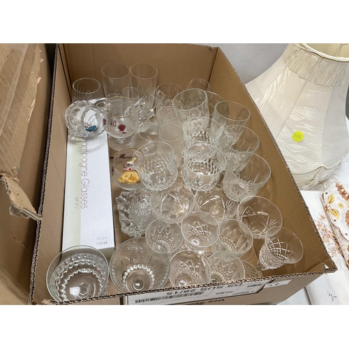 39 - 3 BOXES OF GLASSWARE , LAMPS AND LAMPSHADES ETC