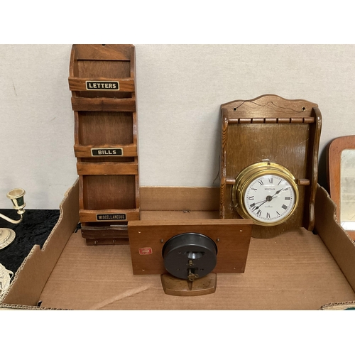 43 - BOX OF WOODEN CLOCKS AND BRASSWARE ETC