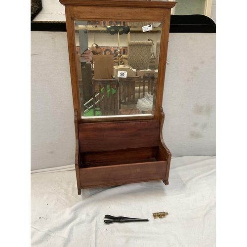 50 - VINTAGE MAHOGANY FRAMED MIRROR COMPLETE WITH GLOVE BOX - H 30