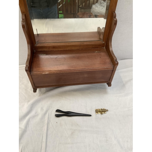 50 - VINTAGE MAHOGANY FRAMED MIRROR COMPLETE WITH GLOVE BOX - H 30