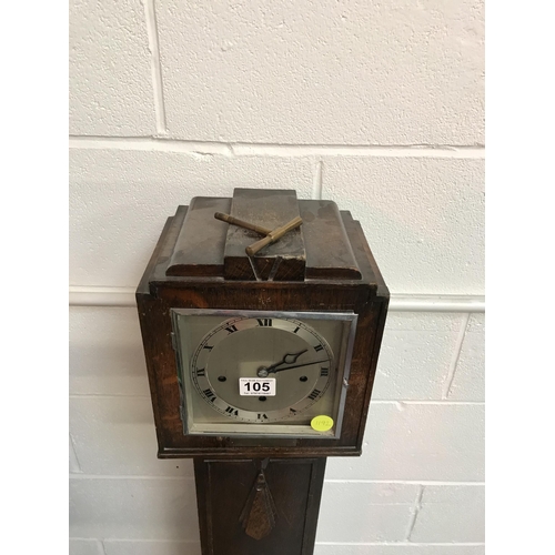 105 - OAK CASED GRANDMOTHER CLOCK WITH KEY