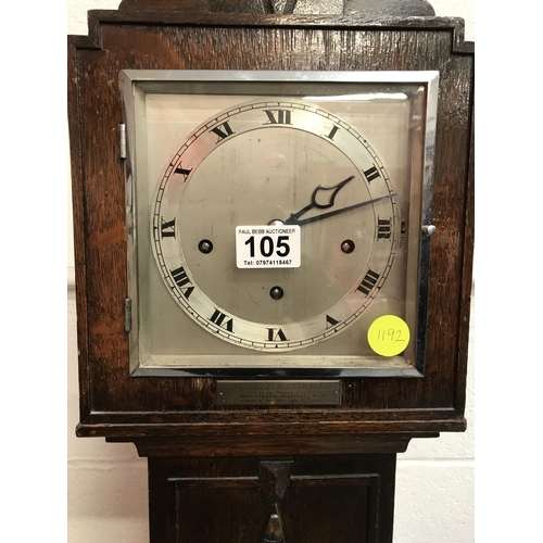 105 - OAK CASED GRANDMOTHER CLOCK WITH KEY