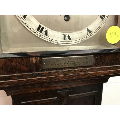 105 - OAK CASED GRANDMOTHER CLOCK WITH KEY