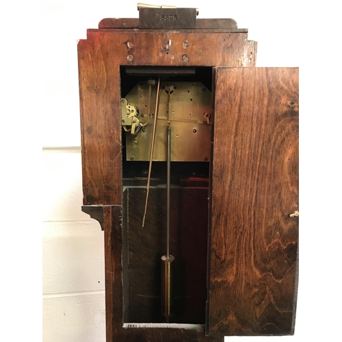 105 - OAK CASED GRANDMOTHER CLOCK WITH KEY