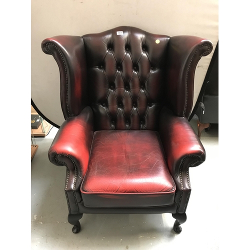 107 - OX BLOOD BUTTON BACKED CHESTERFIELD WING BACK ARMCHAIR ON CABRIOLE LEGS