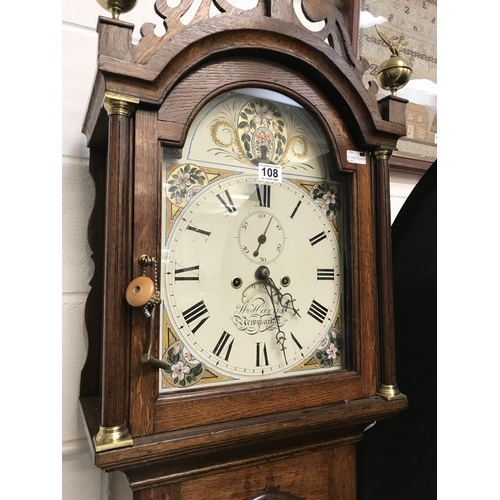 108 - VICTORIAN OAK 8 DAY PAINTED FACED GRANDFATHER CLOCK - HARRIS OF NEWMARKET