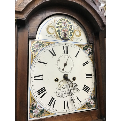 108 - VICTORIAN OAK 8 DAY PAINTED FACED GRANDFATHER CLOCK - HARRIS OF NEWMARKET