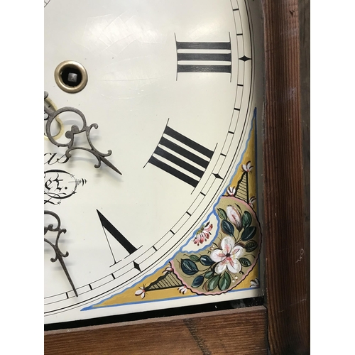 108 - VICTORIAN OAK 8 DAY PAINTED FACED GRANDFATHER CLOCK - HARRIS OF NEWMARKET