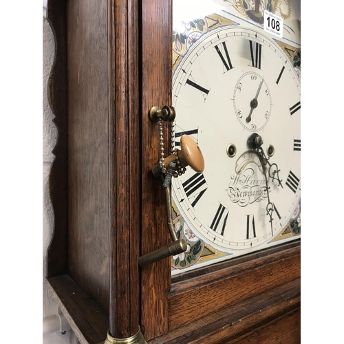 108 - VICTORIAN OAK 8 DAY PAINTED FACED GRANDFATHER CLOCK - HARRIS OF NEWMARKET